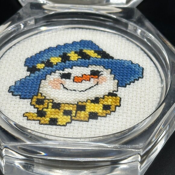 4 Acrylic Handmade Cross Stitch Snowman 4” Coasters Cork Bottom Winter Holiday - Picture 3 of 8